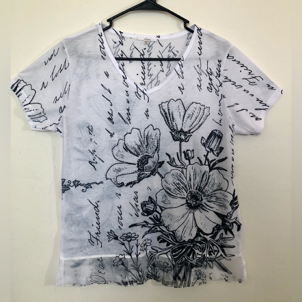 MILANO Womens Embellished Silver Studded T-Shirt Size Medium Black & White - Picture 8 of 14
